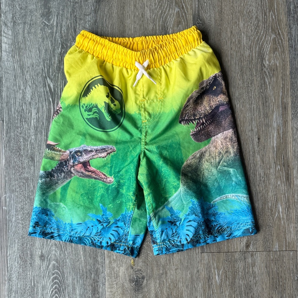 Boys Yellow-Green Dinosaur Swim Trunks with Drawstring
